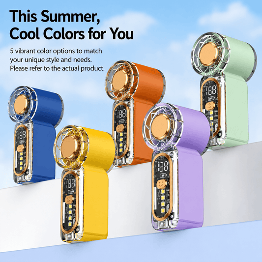 Five colorful handheld mini fans in blue, yellow, orange, purple, and green with transparent panels, LED displays, and gold accents.