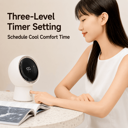 A white spherical desktop fan with two buttons, featuring a three-level timer setting to achieve timed cooling and automatic swiveling.
