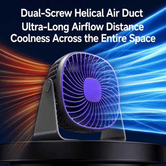 Desktop fan with dual-screw helical air duct technology, showing ultra-long airflow distance.
