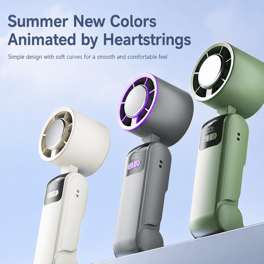 Three handheld mini fans in summer new colors (white, gray, green) , LED display, and comfortable grip design.