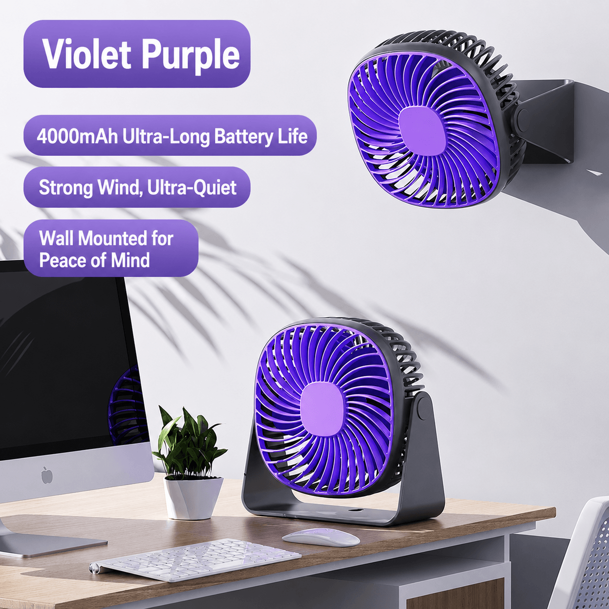 2-in-1 desktop wall-mounted fan with a small night light | Silent operation USB charging mini fan | 3 color options, adjustable tilt angle, long-lasting cooling