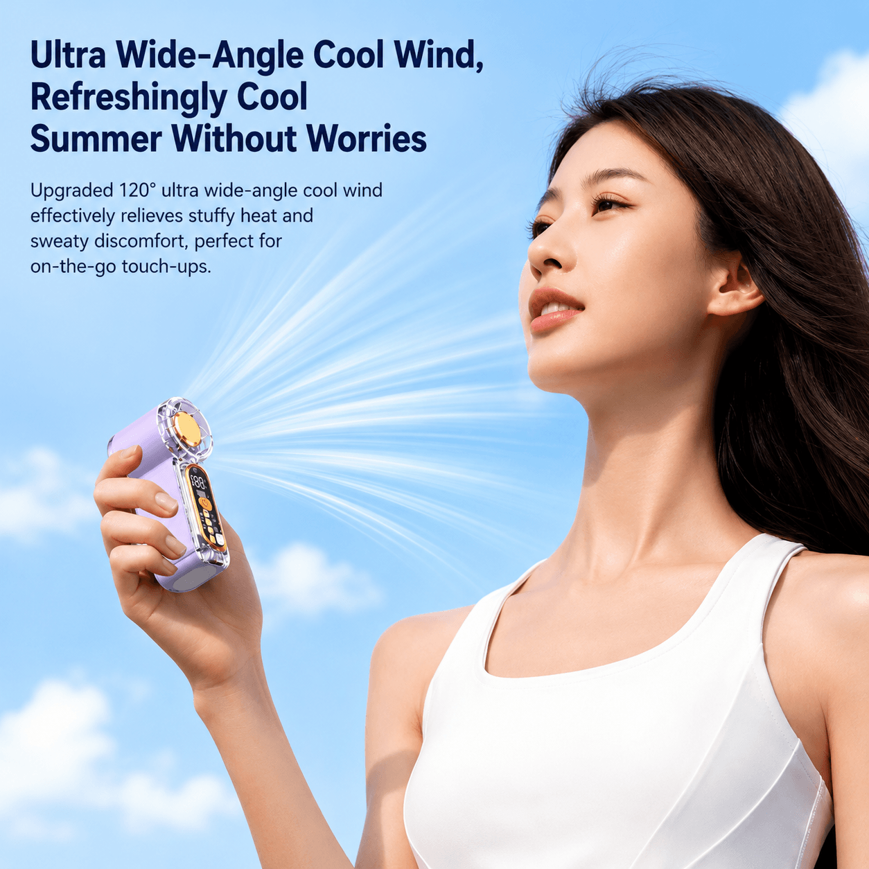 A purple handheld mini, 120° ultra wide-angle cool wind with strong airflow.