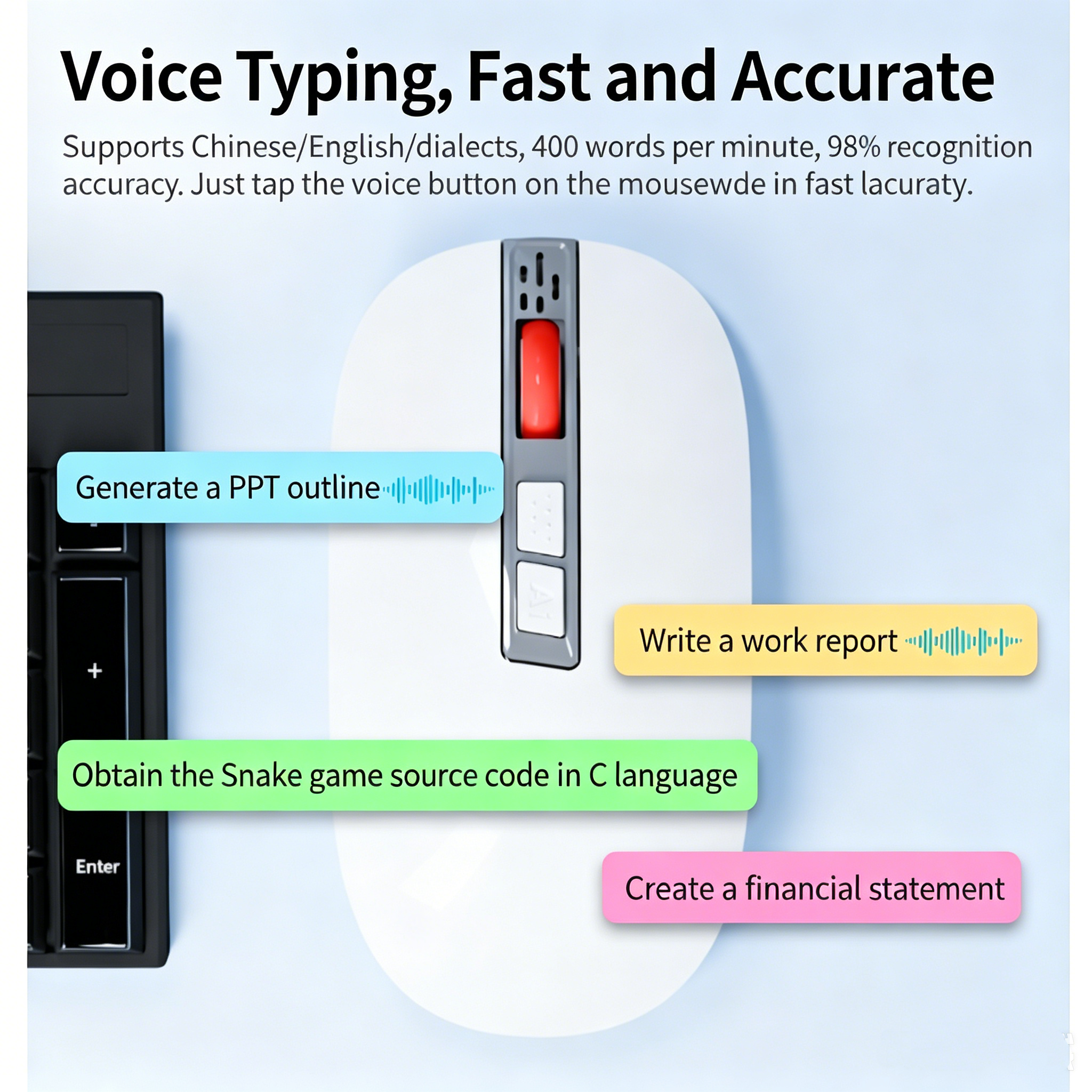 AI Smart Office Mouse with Voice Typing & Real-Time Translation – Wireless Bluetooth Mouse with AI Meeting Minutes, Voice Search & 100+ Language Support