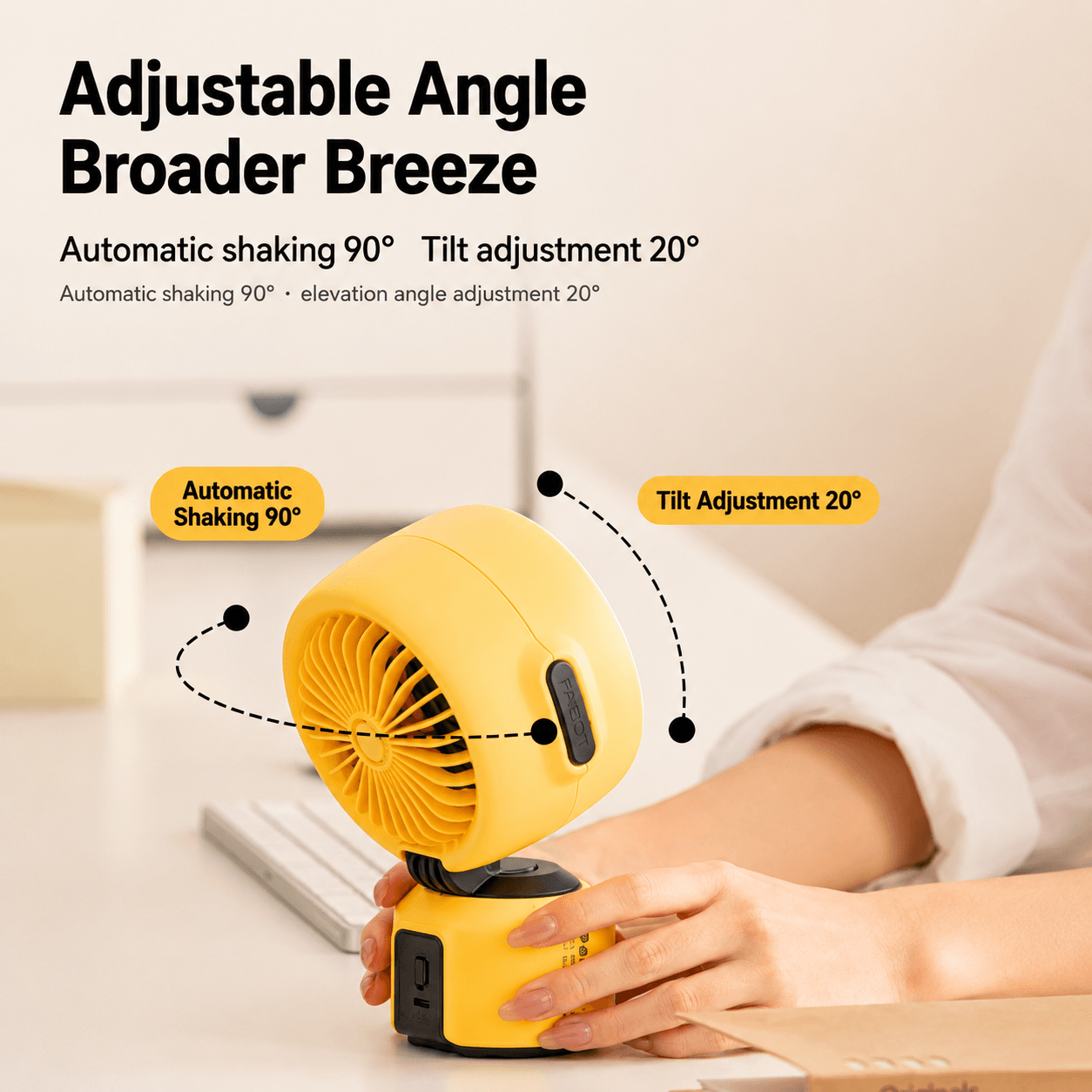 Yellow desktop fan with 90° automatic shaking and 20° tilt adjustment, demonstrating adjustable angle for broader breeze coverage.