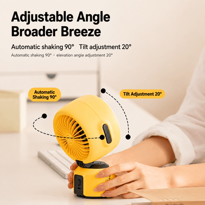 Yellow desktop fan with 90° automatic shaking and 20° tilt adjustment, demonstrating adjustable angle for broader breeze coverage.