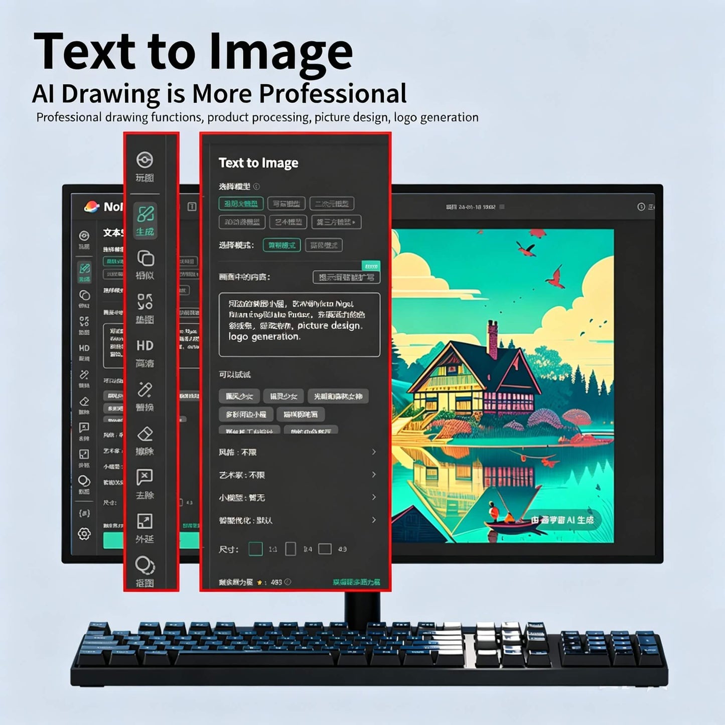 AI-powered text-to-image software interface ,  model selection options and a generated landscape illustration .