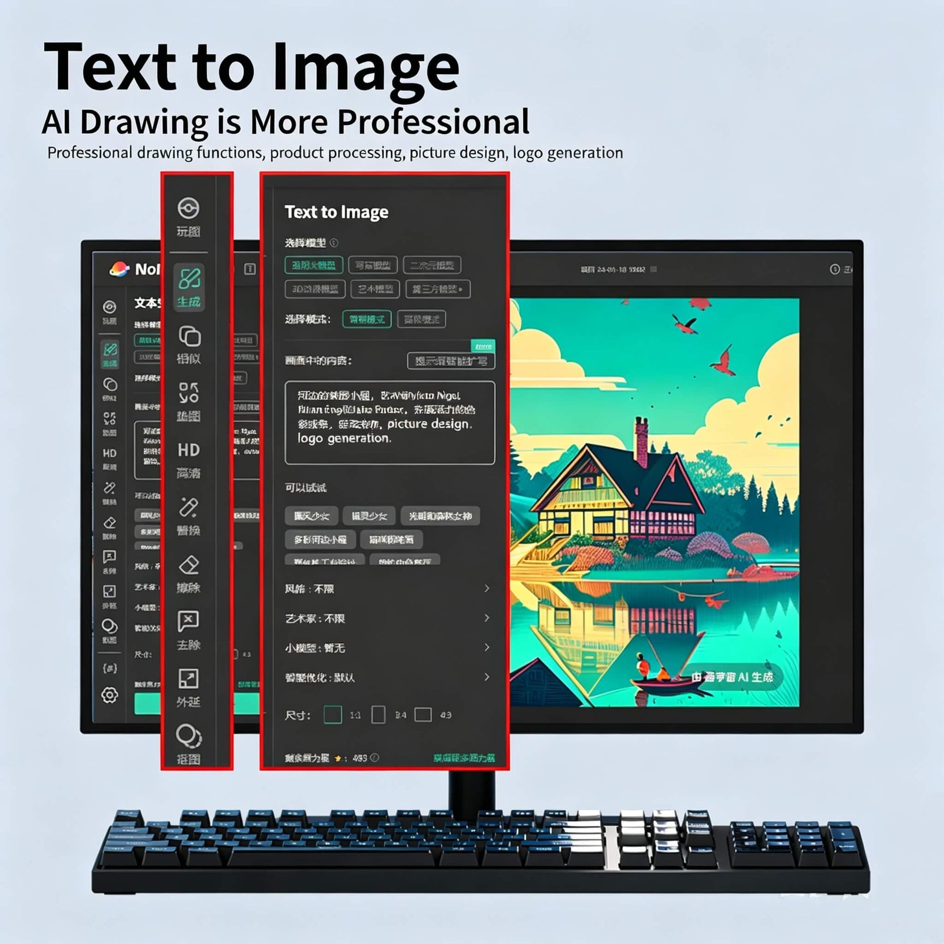 AI-powered text-to-image software interface ,  model selection options and a generated landscape illustration .