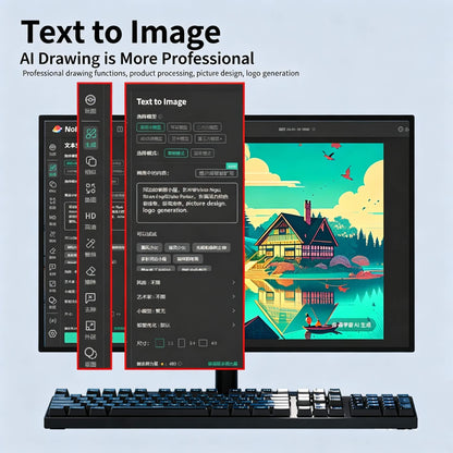 AI-powered text-to-image software interface ,  model selection options and a generated landscape illustration .