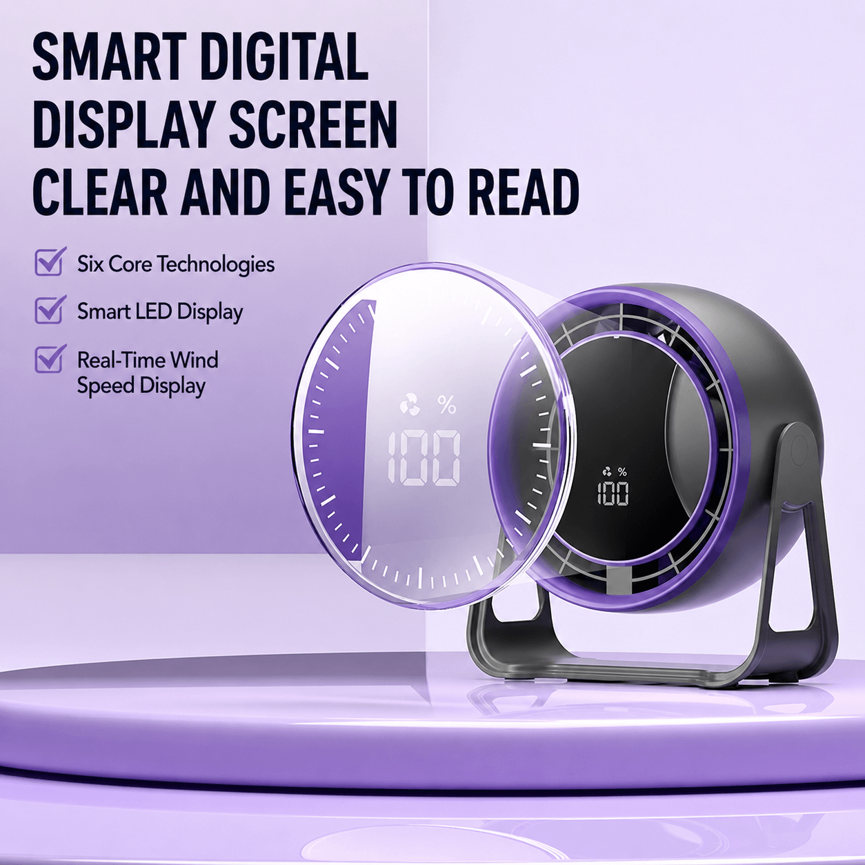 A desktop fan with an intelligent digital LED display that shows the wind speed in real time.