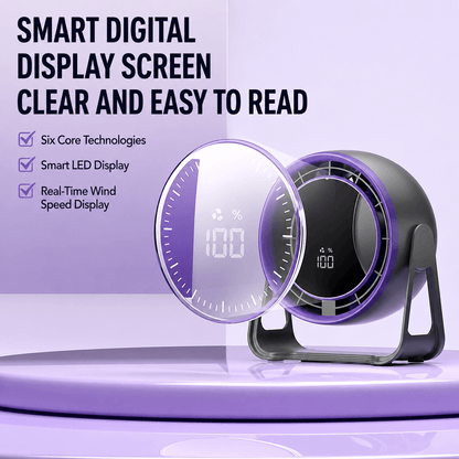 A desktop fan with an intelligent digital LED display that shows the wind speed in real time.