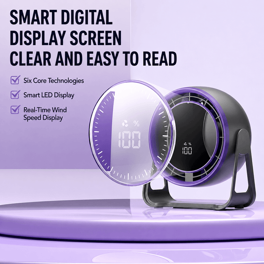 A desktop fan with an intelligent digital LED display that shows the wind speed in real time.
