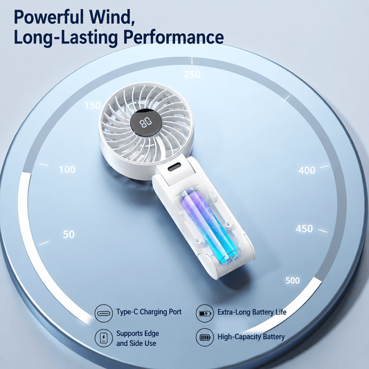 White foldable handheld fan , Type-C charging, high-capacity battery, LED digital display.