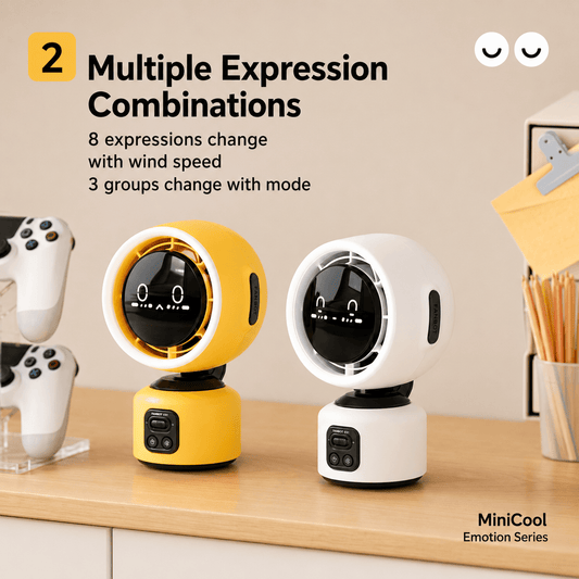 Two Fanbot ES1 desktop fans in yellow and white with 11 expression combinations displayed.