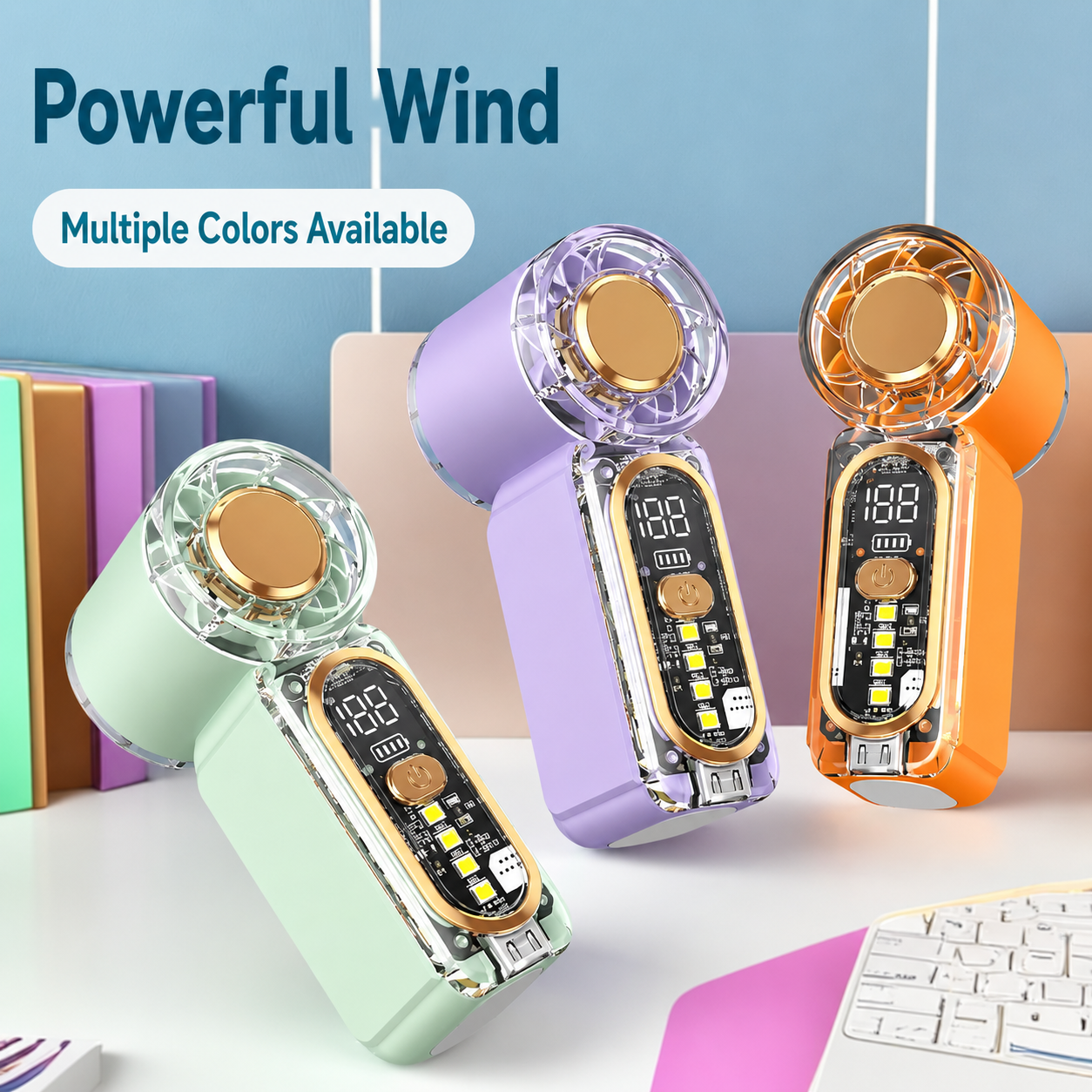 Portable Handheld Fan with 199 Speeds, LED Display & Emergency Light – Rechargeable Mini Fan 120° Wide-Angle Cooling, 5 Colors, SOS Mode for Summer Travel