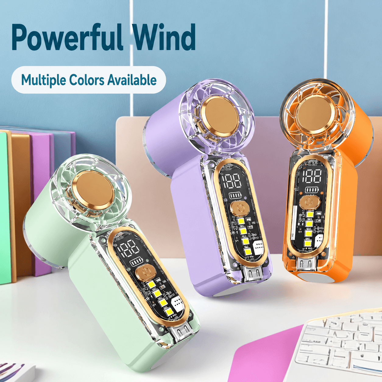 Handheld mini fans with powerful wind, transparent bodies, LED displays.