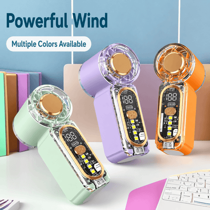 Handheld mini fans with powerful wind, transparent bodies, LED displays.