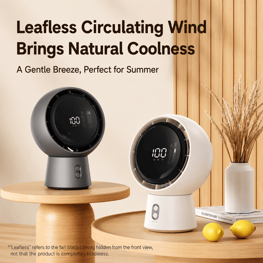 A spherical bladeless desktop fan with an LED display that can be placed on the desktop.