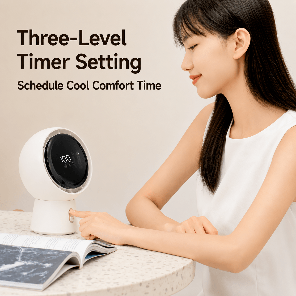 A white spherical desktop fan with two buttons, featuring a three-level timer setting to achieve timed cooling and automatic swiveling.