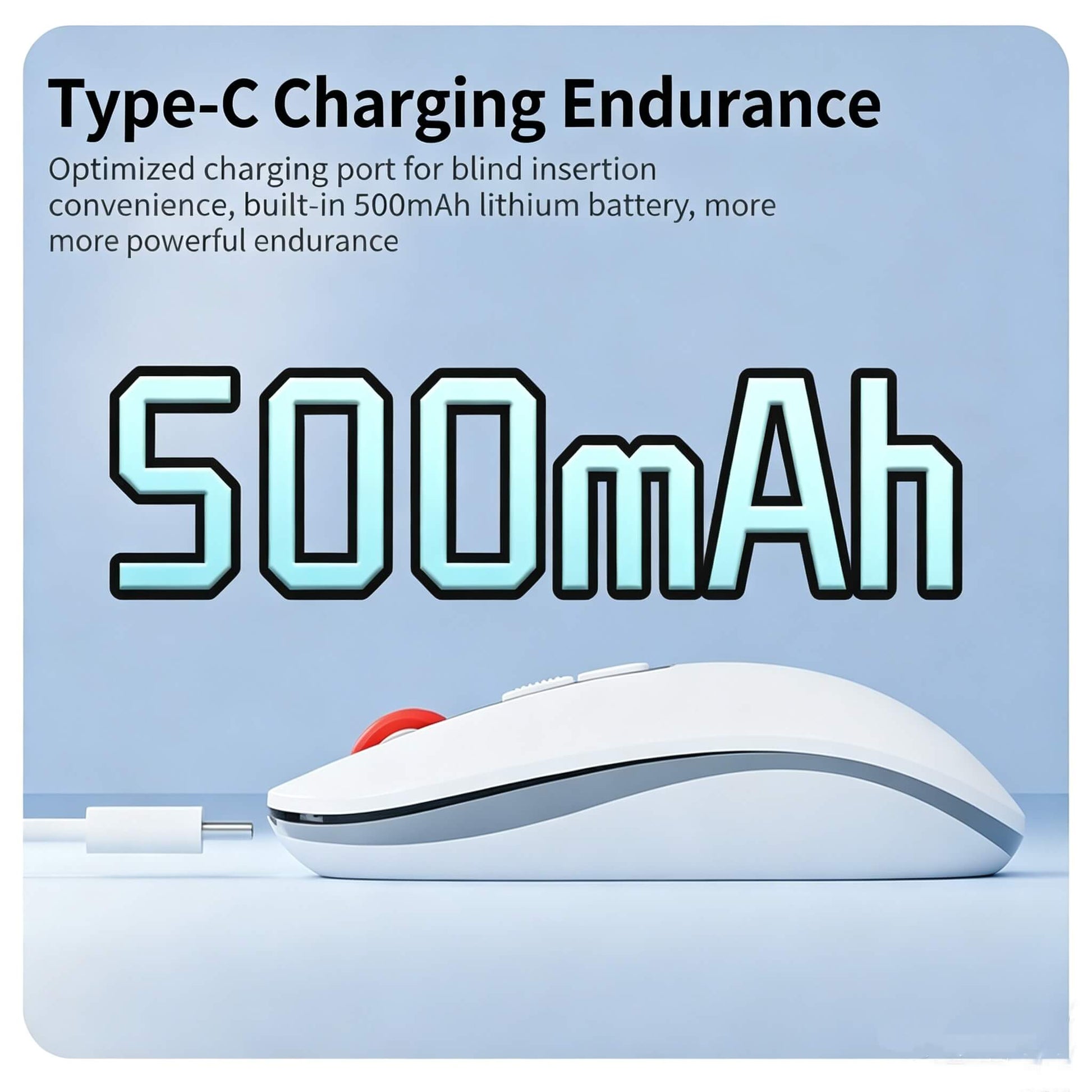 White wireless mouse with Type-C charging port and built-in 500mAh lithium battery,  long endurance and convenient blind insertion design.