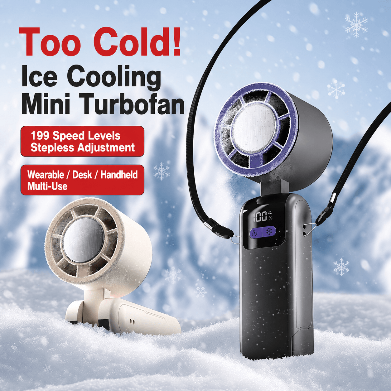 Two mini turbofans with ice cooling effect, featuring 100 speed levels, and wearable/desk/handheld multi-use design.