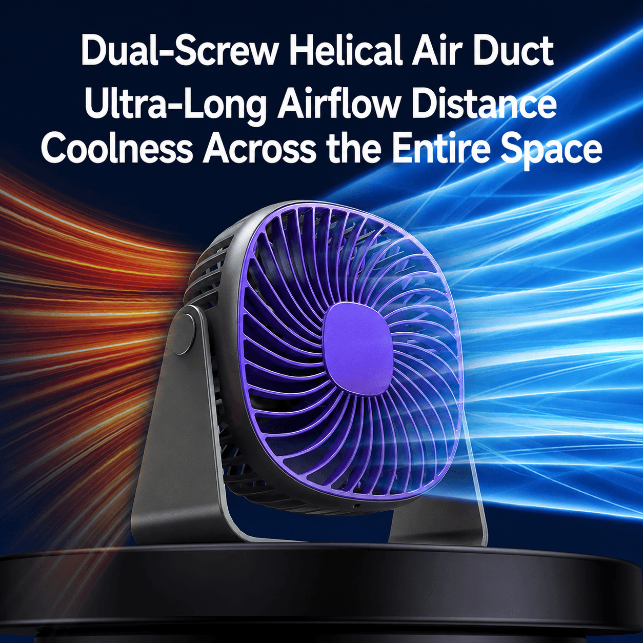 Desktop fan with dual-screw helical air duct technology, showing ultra-long airflow distance.