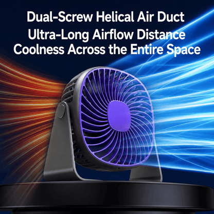Desktop fan with dual-screw helical air duct technology, showing ultra-long airflow distance.
