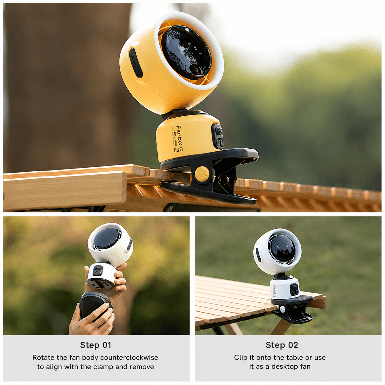 Fanbot ES1 air circulator fan shown with detachable clip-on base for outdoor table use, featuring easy assembly in two steps.