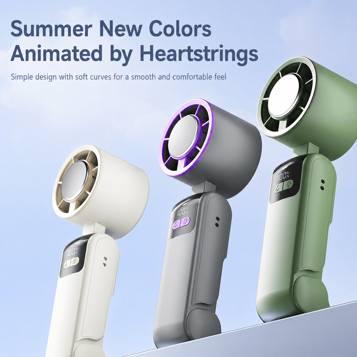 Three handheld mini fans in summer new colors (white, gray, green) , LED display, and comfortable grip design.