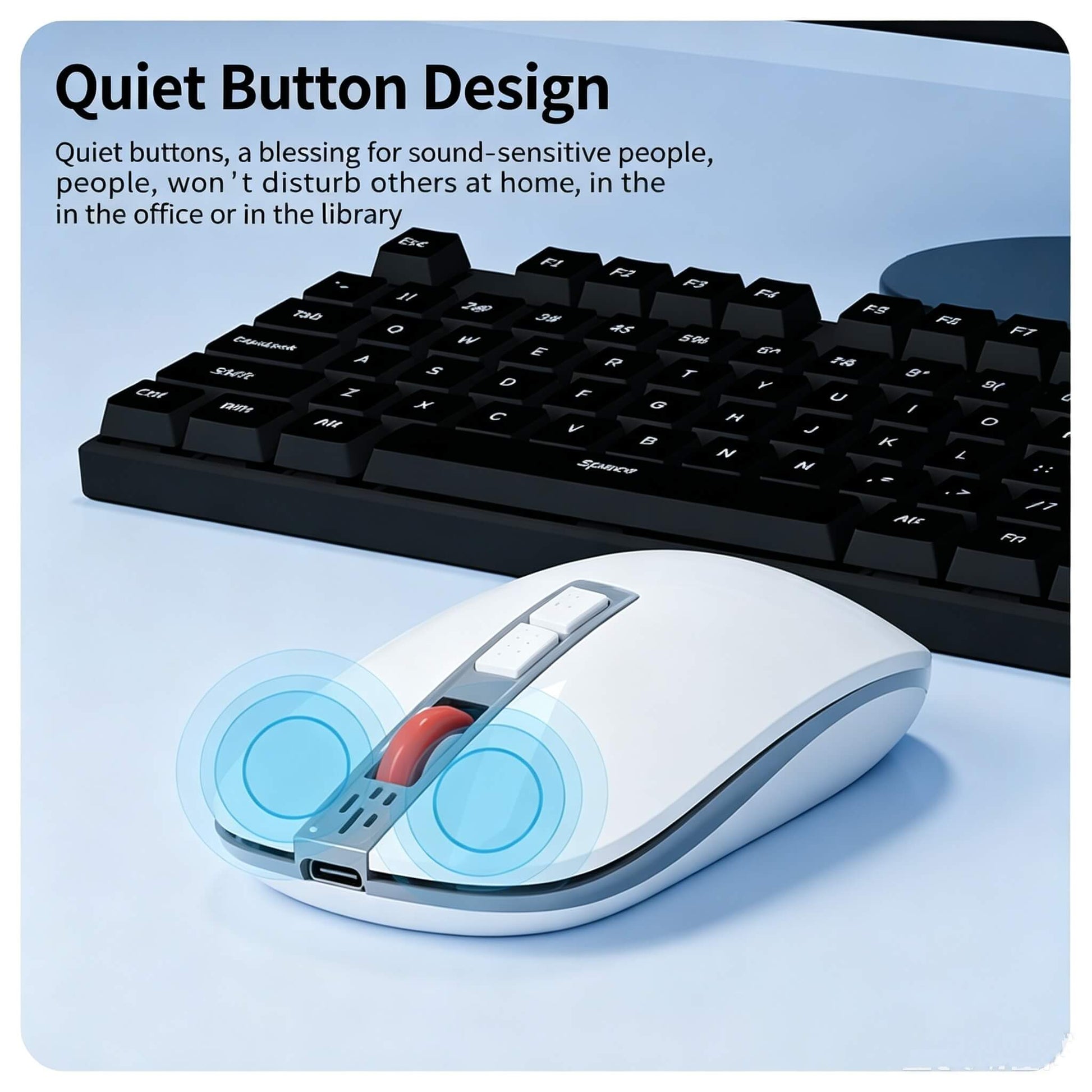 White wireless mouse with quiet button design and red scroll wheel, emphasizing silent operation for office and library use.