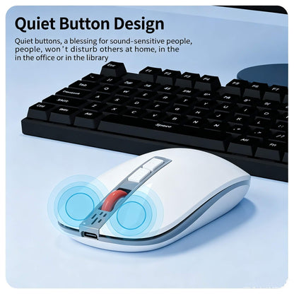 White wireless mouse with quiet button design and red scroll wheel, emphasizing silent operation for office and library use.