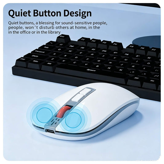 White wireless mouse with quiet button design and red scroll wheel, emphasizing silent operation for office and library use.