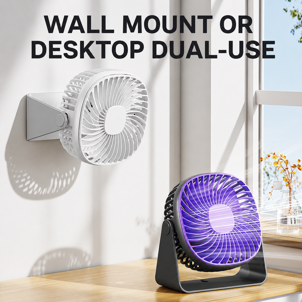 2-in-1 desktop wall-mounted fan with a small night light | Silent operation USB charging mini fan | 3 color options, adjustable tilt angle, long-lasting cooling