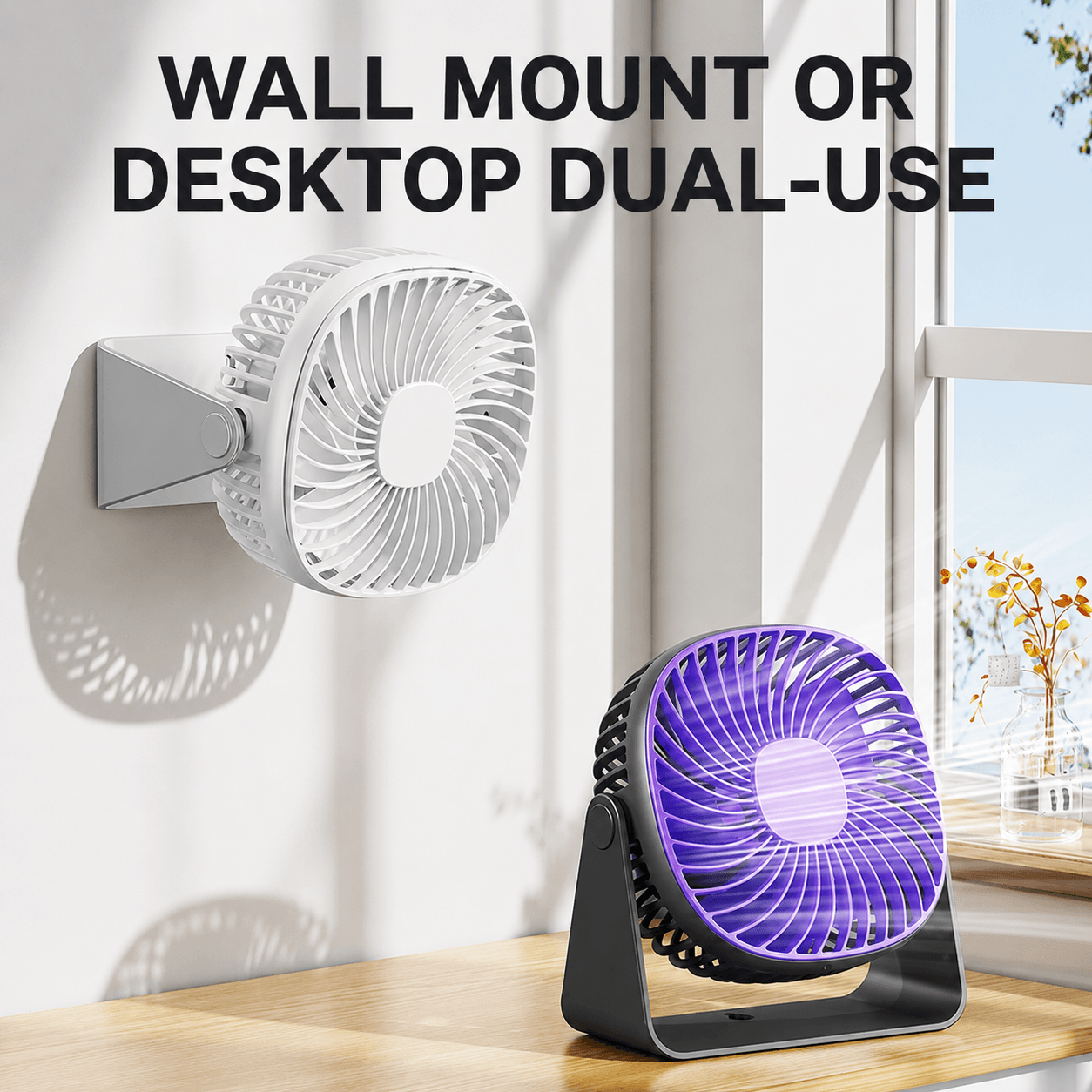 White and purple dual-use fans, wall mount and desktop placement, with adjustable stands and compact design for versatile cooling.
