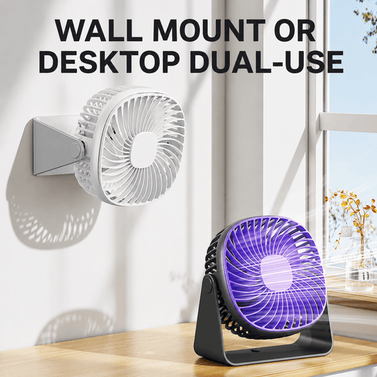 White and purple dual-use fans, wall mount and desktop placement, with adjustable stands and compact design for versatile cooling.