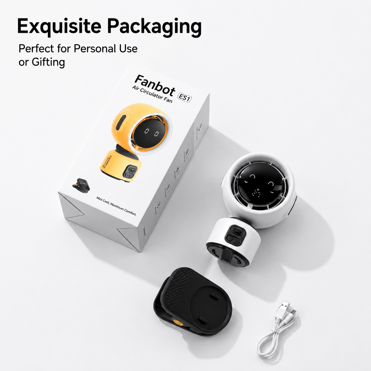 Exquisite packaging of Fanbot ES1 air circulator fan including fan, clip base, and USB , perfect for gifting.