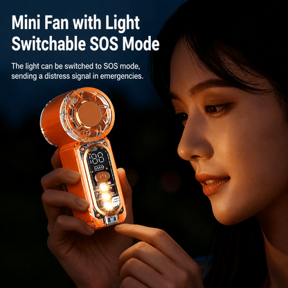 A mini fan with built-in LED light in dark environment,  switchable SOS emergency mode.
