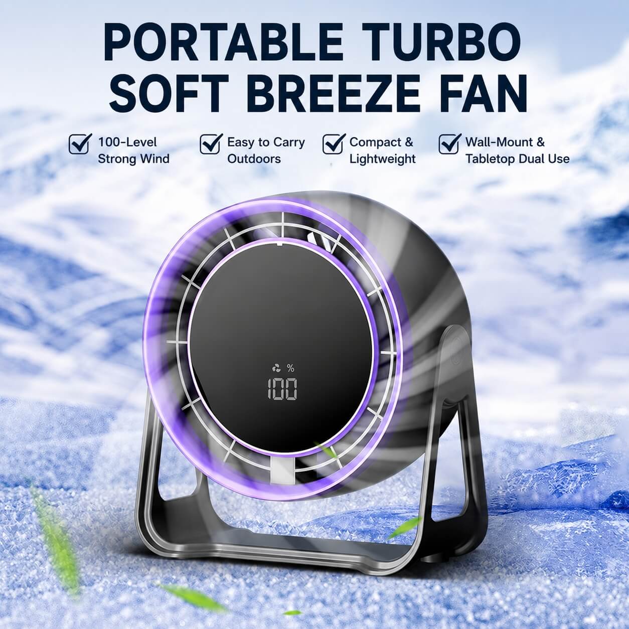 Grey desktop fan, with low running noise.