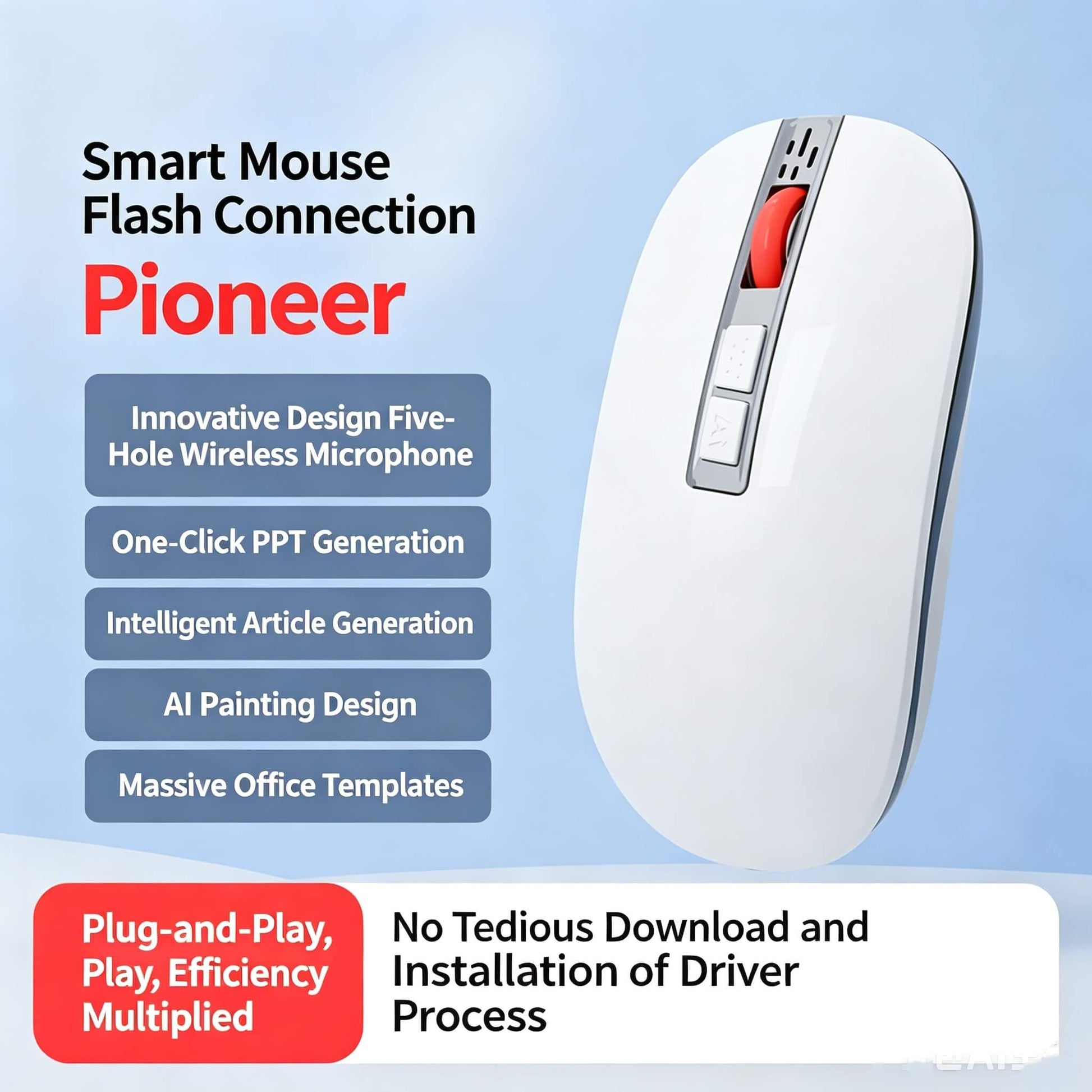 Smart AI mouse Pioneer with five-hole wireless microphone, one-click PPT generation, intelligent article generation, AI painting design, and massive office templates, plug-and-play.