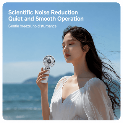 A white mini handheld fan,  scientific noise reduction.