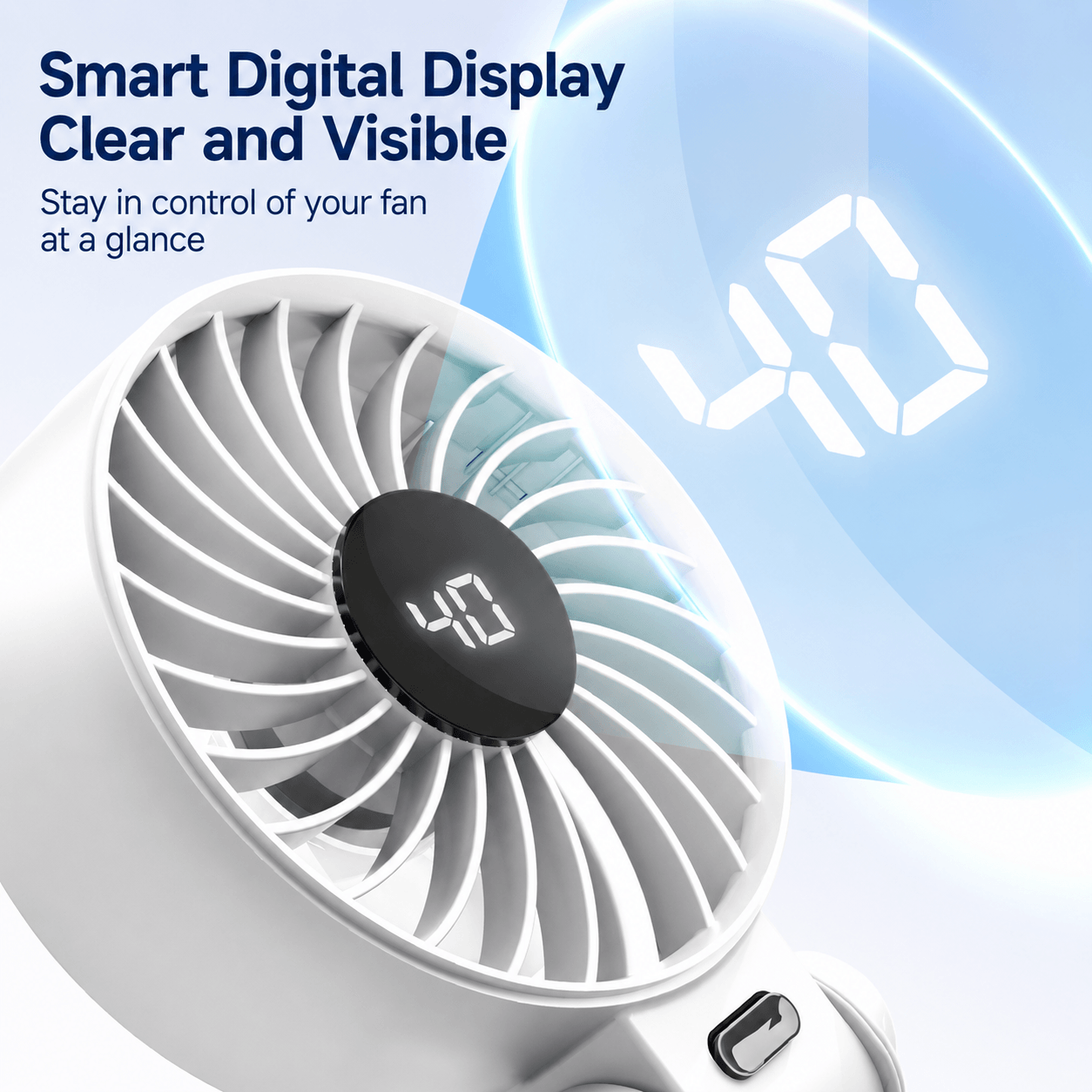 A white mini fan, featuring turbo blades and clear visibility.