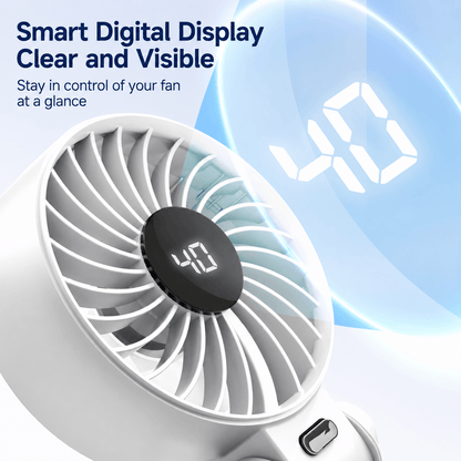 A white mini fan, featuring turbo blades and clear visibility.