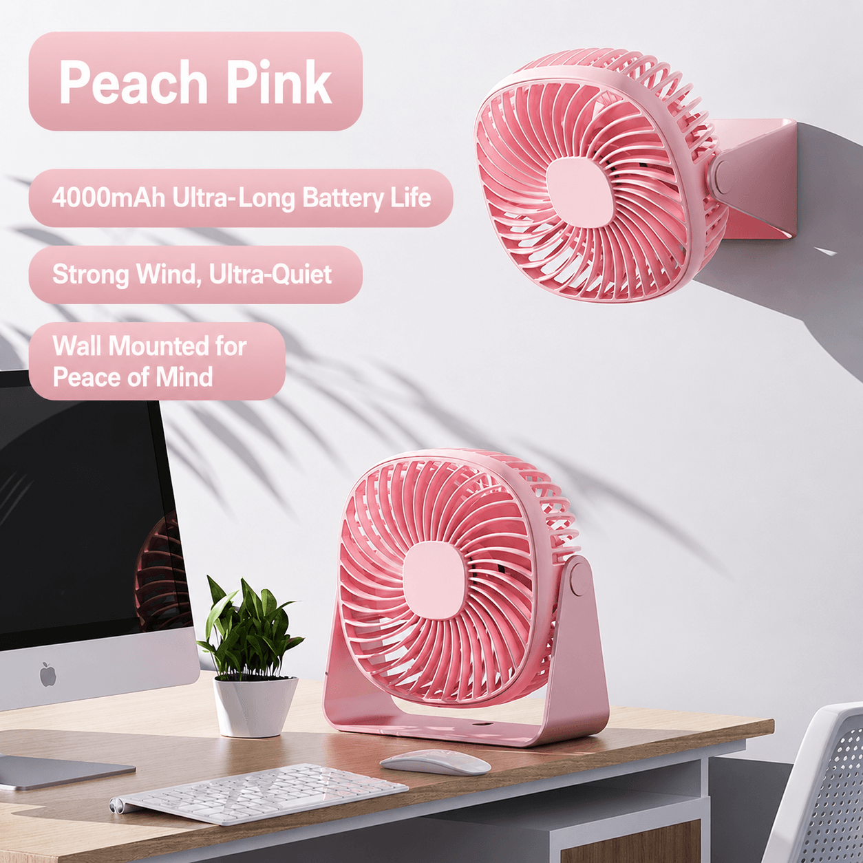 2-in-1 desktop wall-mounted fan with a small night light | Silent operation USB charging mini fan | 3 color options, adjustable tilt angle, long-lasting cooling