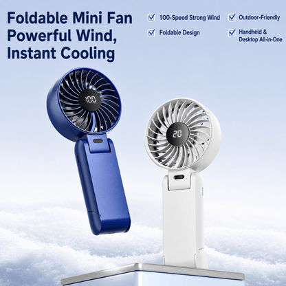  Two foldable mini fans in blue and white with 100-speed strong wind, digital displays, handheld and desktop dual-use design.